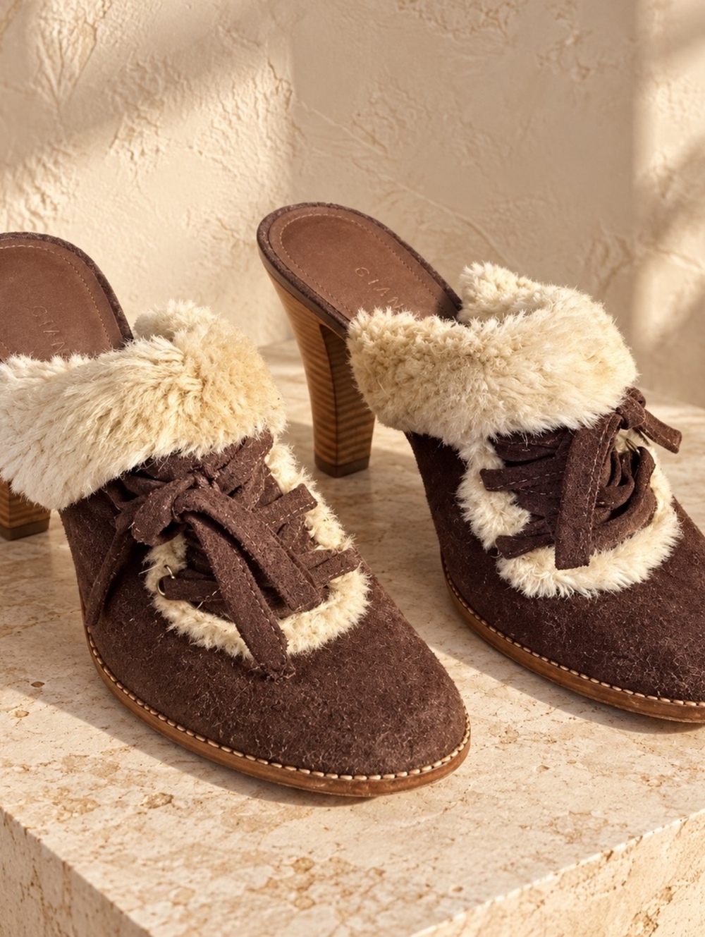 Gianni Bini brown suede furry mule heels with tassel detail